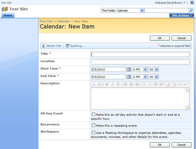 Generated page for content entry and Calendar List